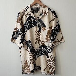 Linen Blend Tropical Leaf Print Short Sleeve Button-Up Shirt